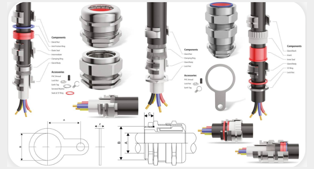 Brass cable gland components and accessories — gland nut, seals, clamping ring, PVC shroud, earth tag and lock nut diagrams
